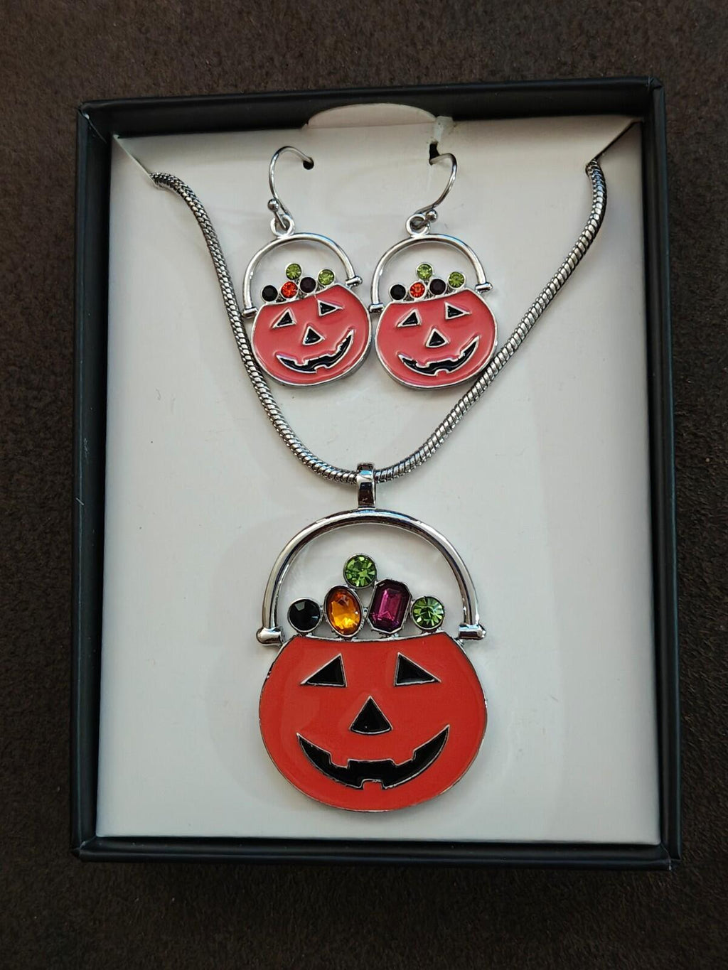 3 Pc Silver Tone Set Of Halloween Orange Jack-o-Lantern Earrings n Necklace