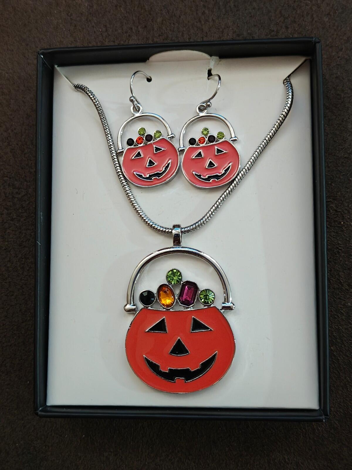 3 Pc Silver Tone Set Of Halloween Orange Jack-o-Lantern Earrings n Necklace