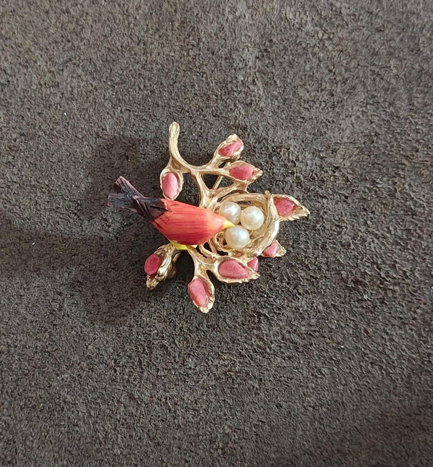 1960's Swoboda Mama Bird in a Nest full of Cultured Pearls Brooch Pin