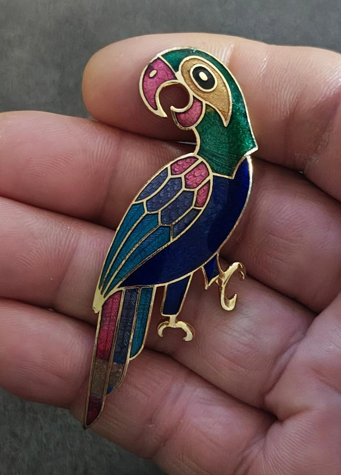 1980s Vintage Gold Tone Cloisonné Enamel Parrot Brooch Pin
