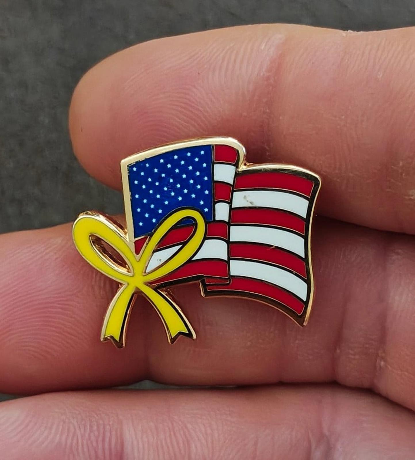 1980's Wavy American Flag With Yellow Ribbon Gold Tone Pin