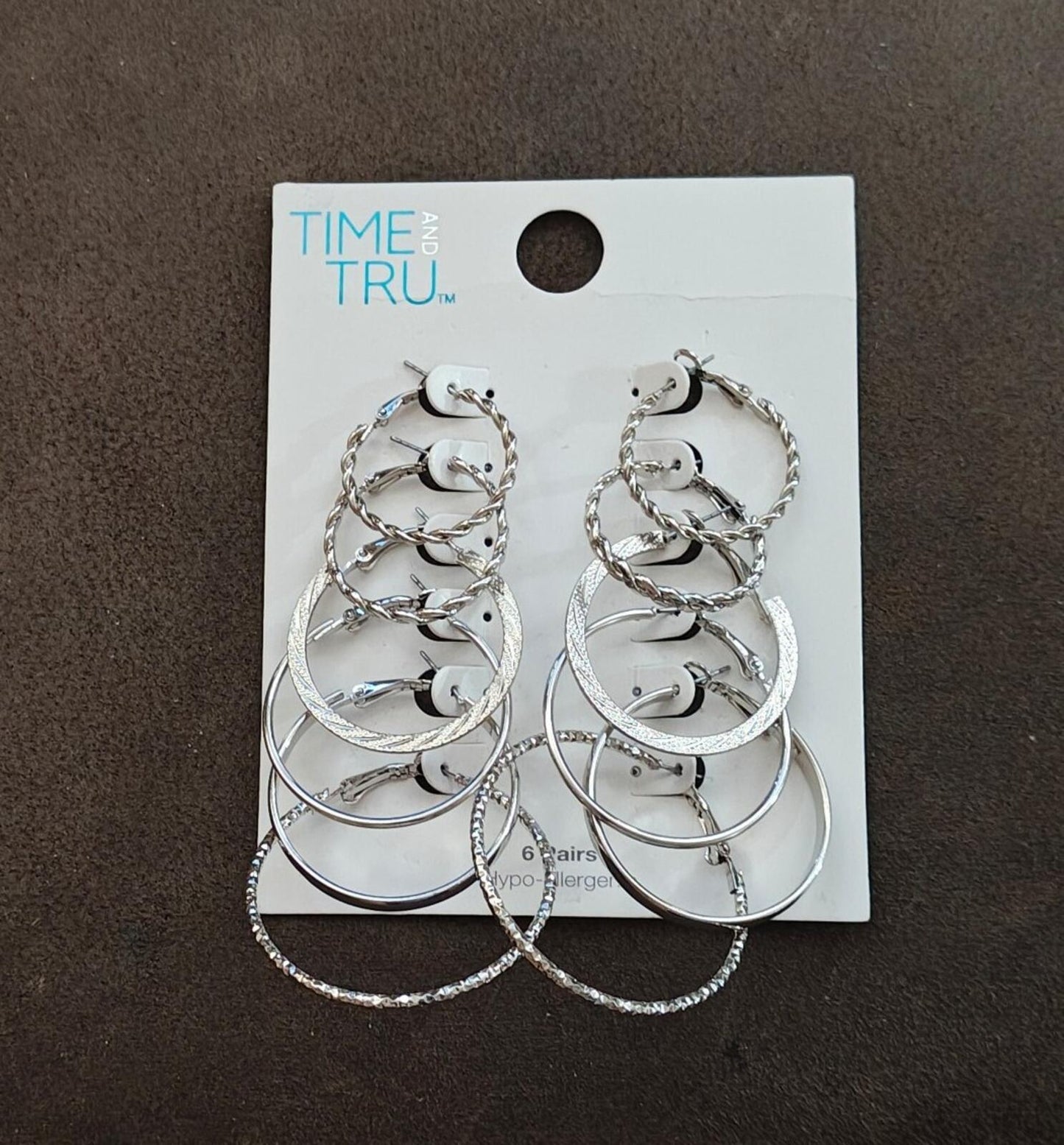 Time & Tru Women's Silver Tone Textured & Smooth Hoop Earring Set, 6-Piece New