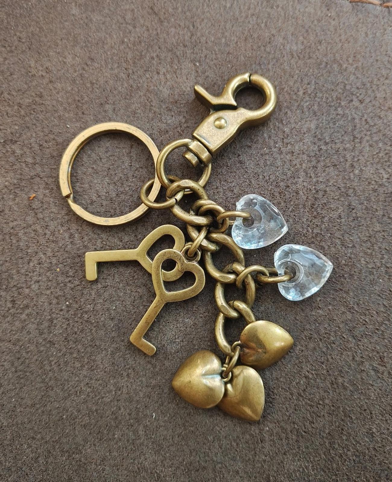 Vintage Inspired Brass Finish Keychain with Heart and Key Charms
