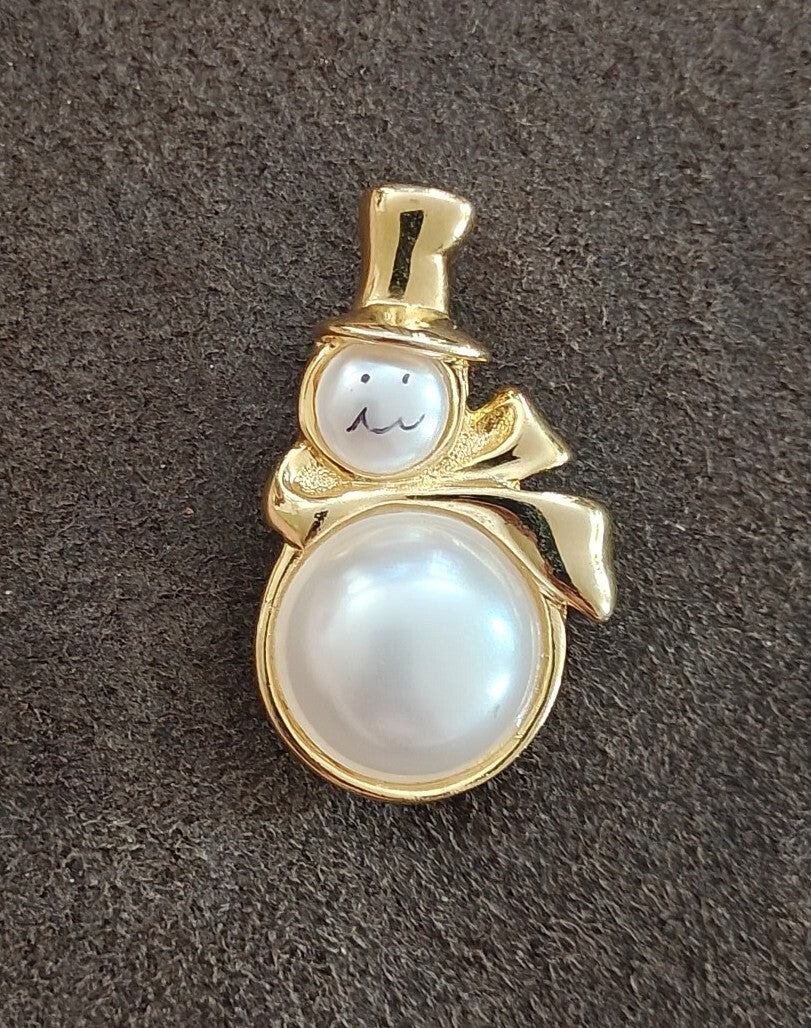 1980s Gold Tone Faux Pearl Snowman Brooch