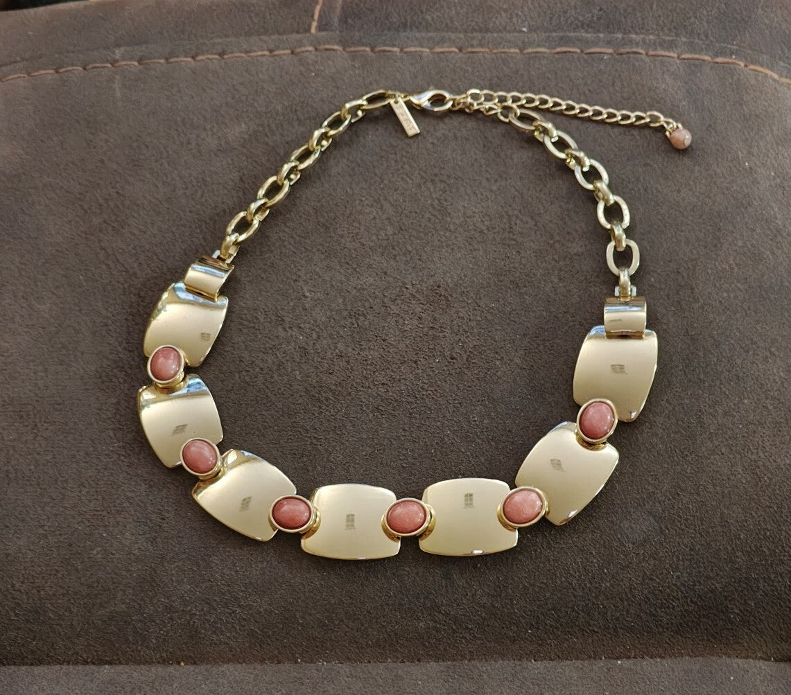 WHBM Gold Tone Rectangular Panel Pink Rhodonite Choker Statement Collar Necklace