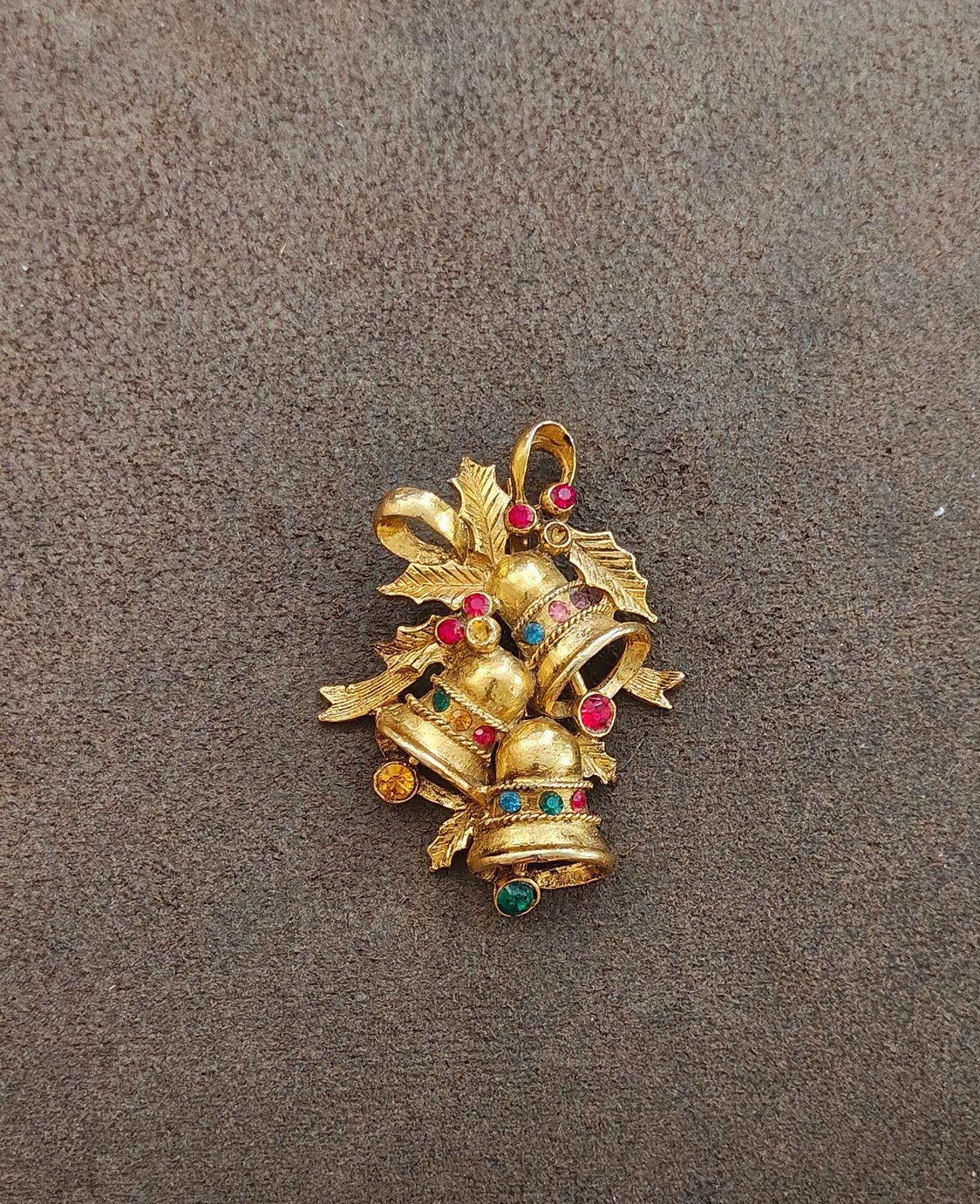 1970s Beatrix Gold Tone With Rhinestones Christmas Bell Brooch.
