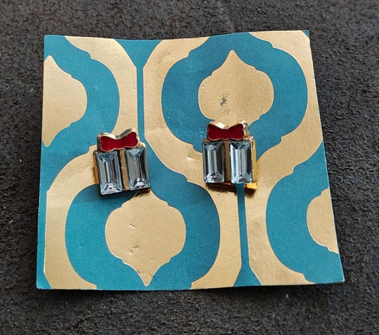 Christmas Present Gold Tone Stud Earrings With Rhinestones And Red Bow