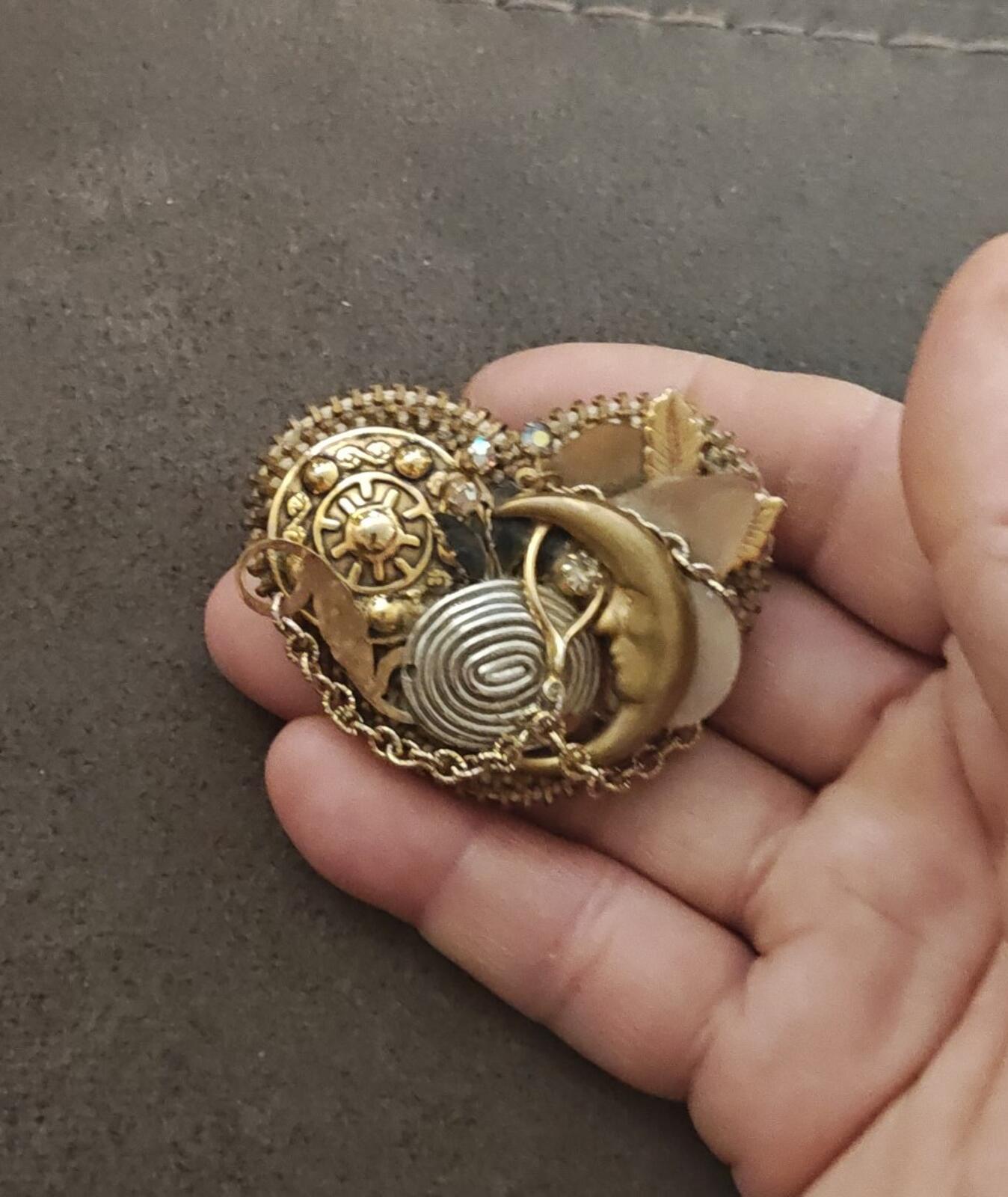 1980s Handmade Collage of Sun Moon Rhinestones Charms Celestial Gold Tone Brooch