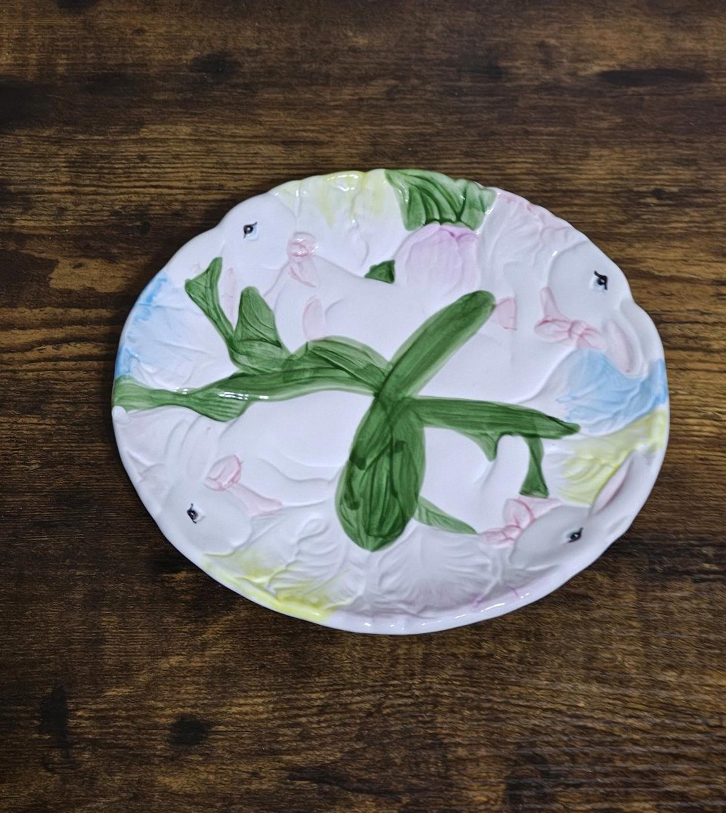 1970s S E Taiwan Ceramics 3D Embossed White Bunny Rabbit Plate