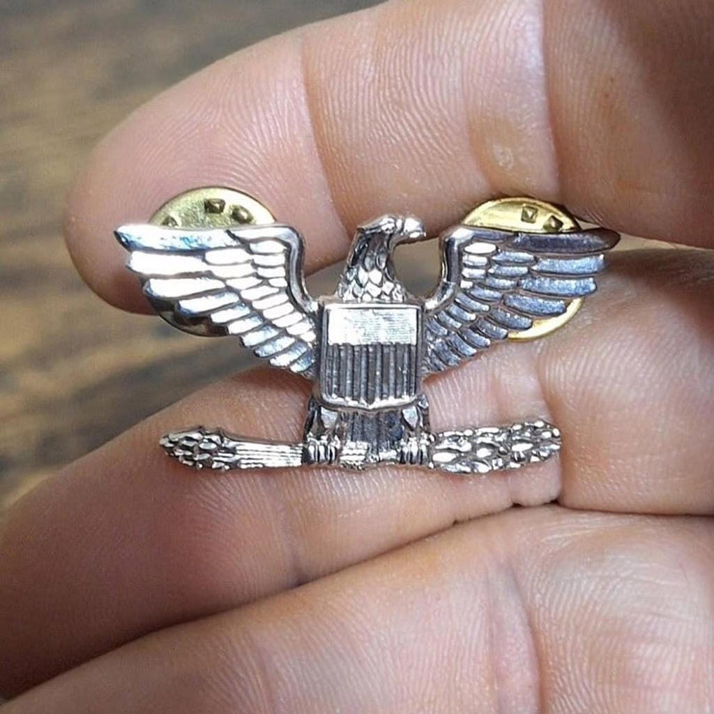 Silver-tone eagle rank pin in hand, spread wings, central shield, and gold accents