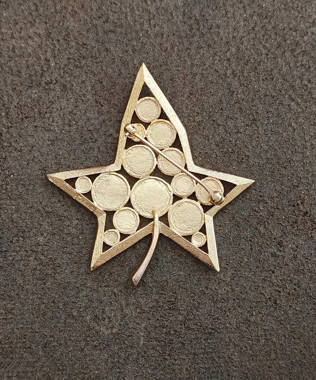 Gold star brooch back with textured round discs and openwork star frame