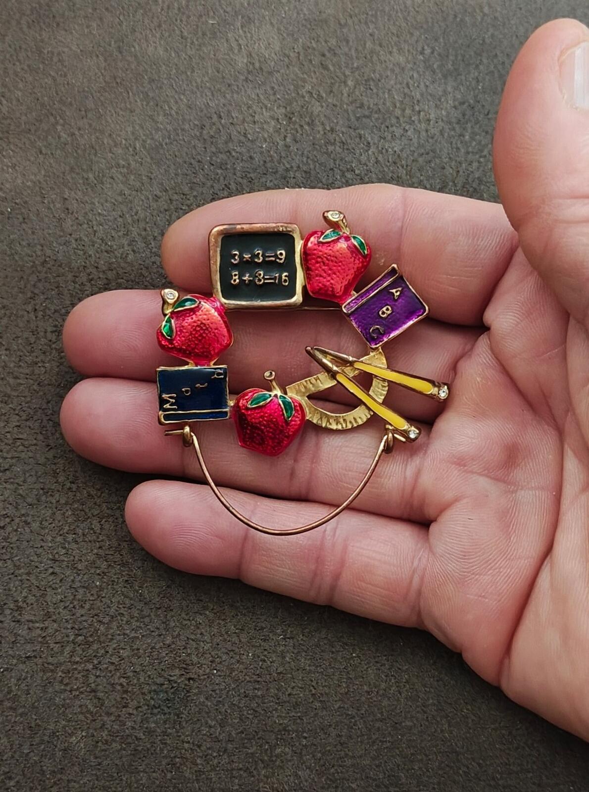 1980s Gold Tone Enamel School Teacher Brooch