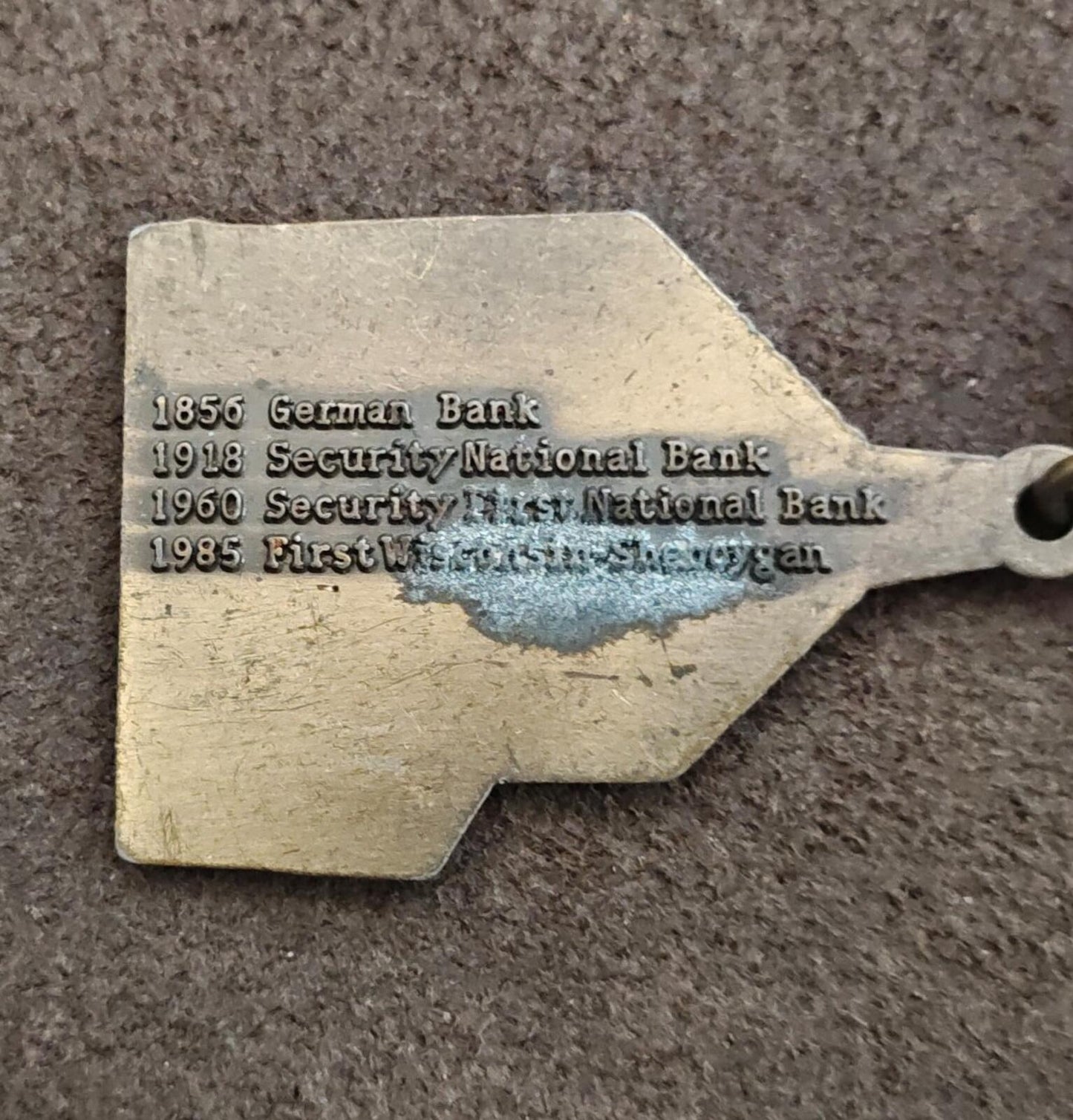 70s First Wisconsin National Bank building in Sheboygan Wisconsin Brass Keychain