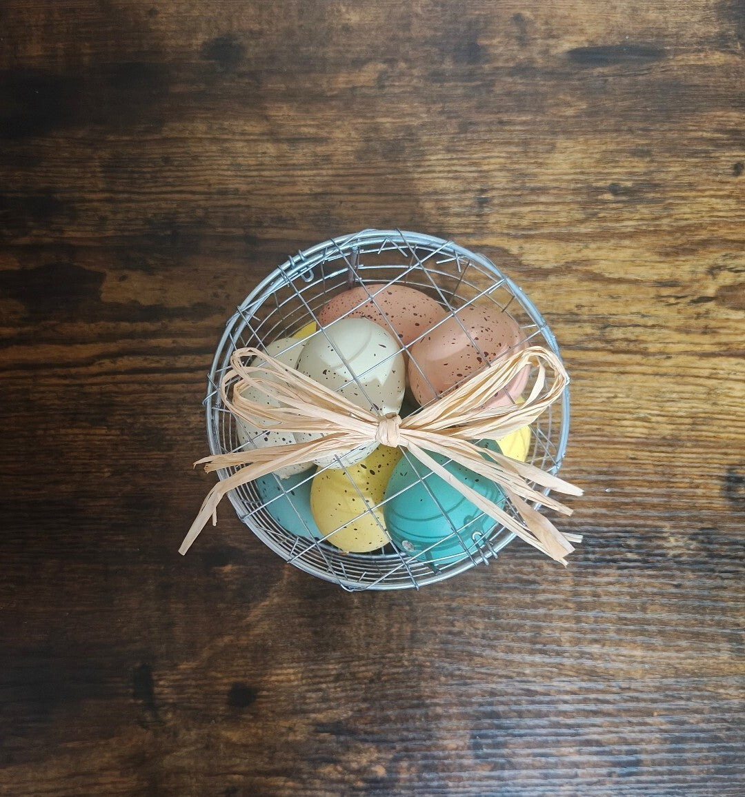 Spring Decorative Easter Eggs In Wire Basket