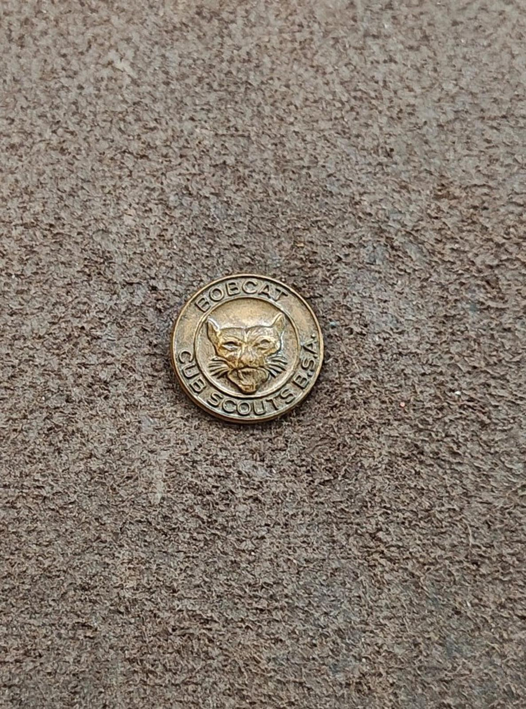 Small gold-toned Bobcat rank brass pin with cat emblem, on textured surface