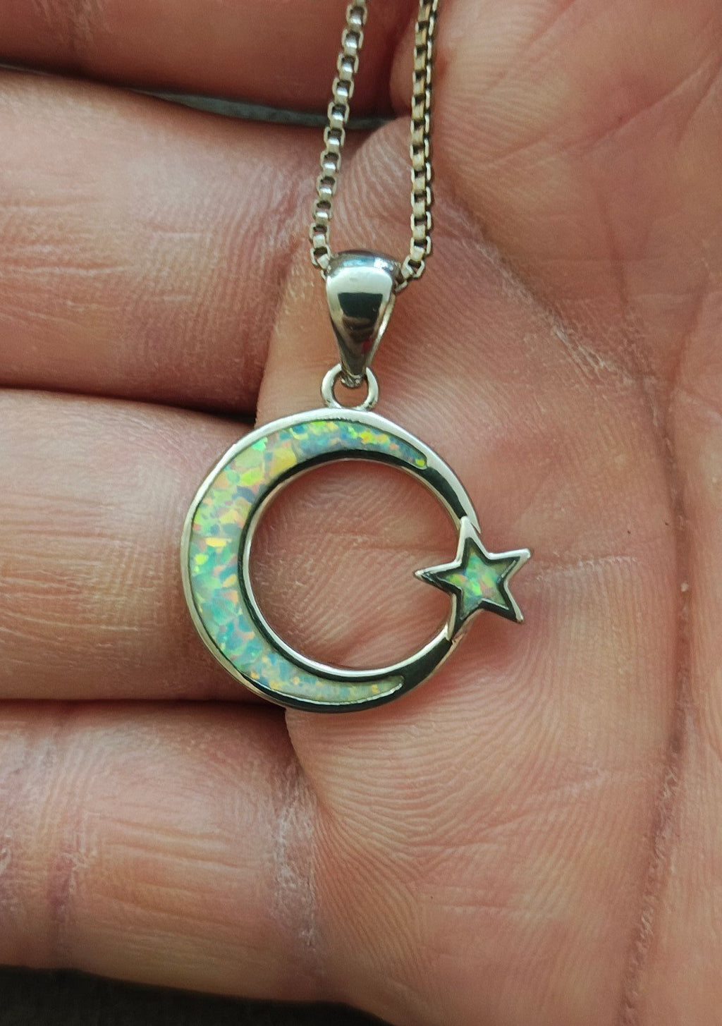 Dainty 925 Sterling Silver White Fire Opal Moon & Star Celestial Necklace