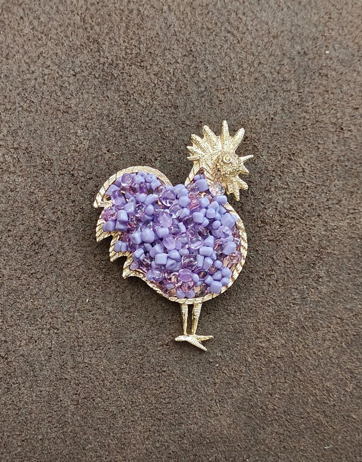 2000s Gold Tone With Purple Beads Rooster Brooch Pin