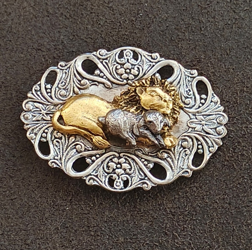 Biblical Lion & The Lamb Two Tone Openwork Filigree Brooch