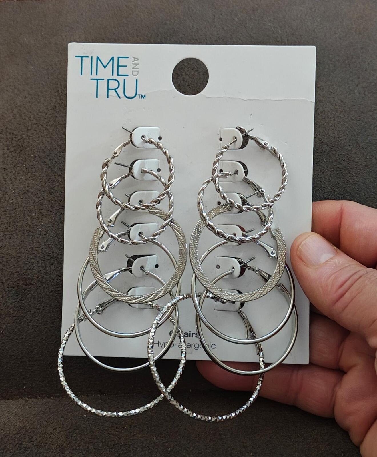 Time & Tru Women's Silver Tone Textured & Smooth Hoop Earring Set, 6-Piece New