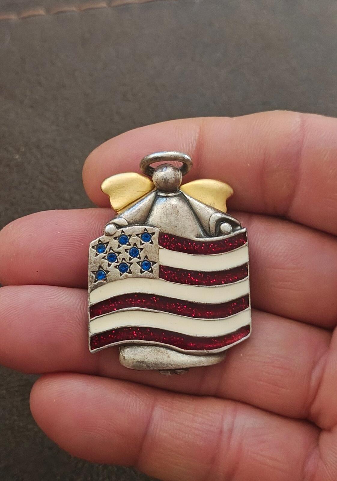1980s Signed AJMC Fine Pewter Patriotic American Flag Angel Brooch