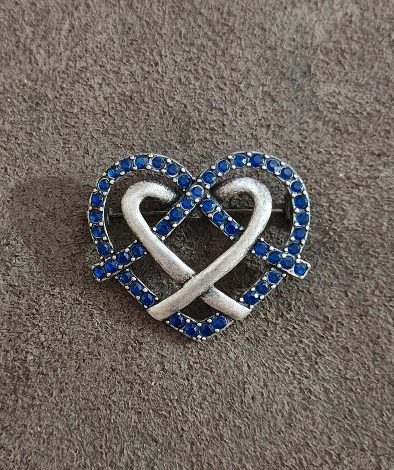 1980's Ornate Heart With Blue Rhinestones Pewter Brooch Pin