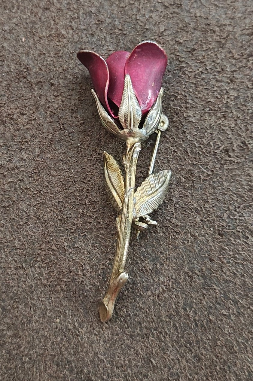 1960s Gold Tone Red Enamel Rose Bud With Stem Brooch Pin