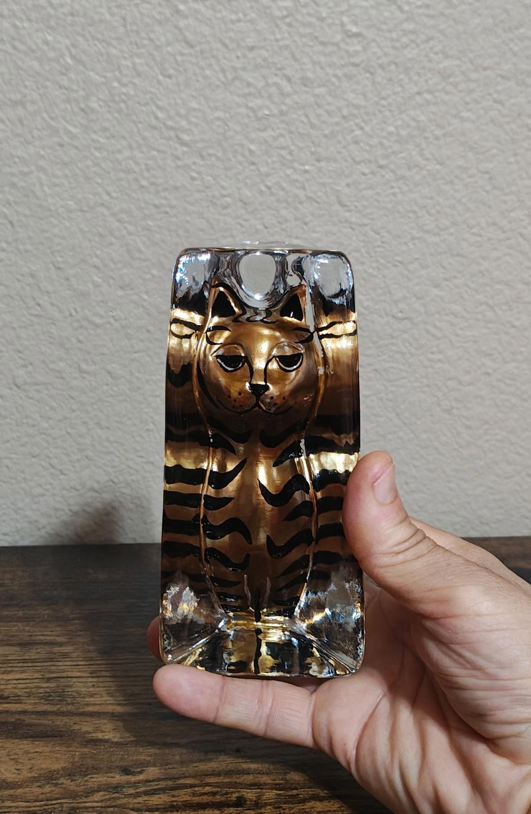 Clear tabby cat paperweight figurine, gold and black stripes in 3D block