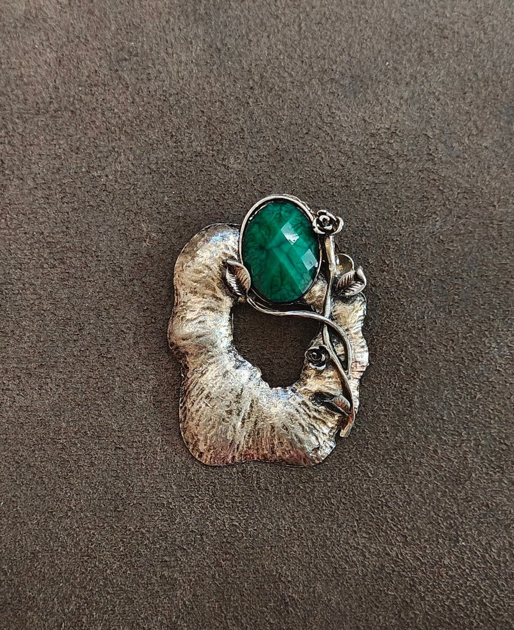 1960s Modernist/Brutalist Style Silver Tone Pendant With Green Stone