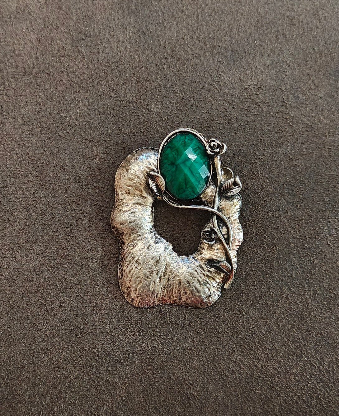 1960s Modernist/Brutalist Style Silver Tone Pendant With Green Stone