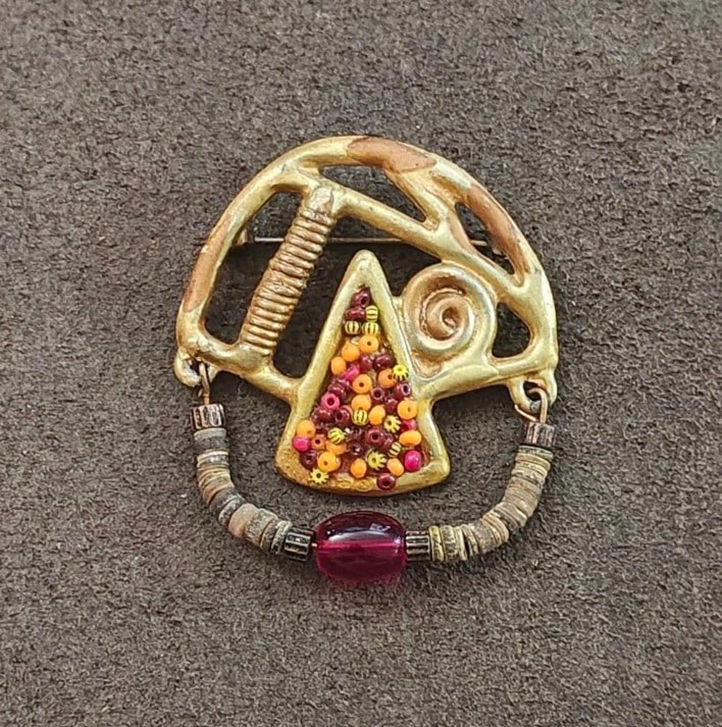 Articulated Abstract Modernist With Heishi Beads & Colorful Stones Brooch