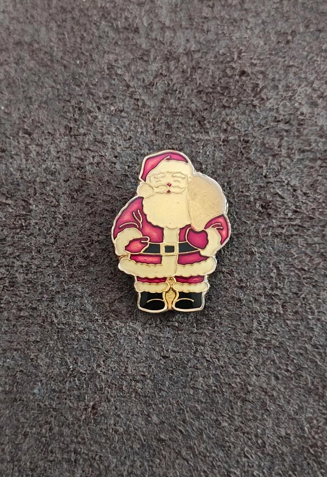 1980s  Santa Claus Carrying Gifts Gold Tone Enamel Pin