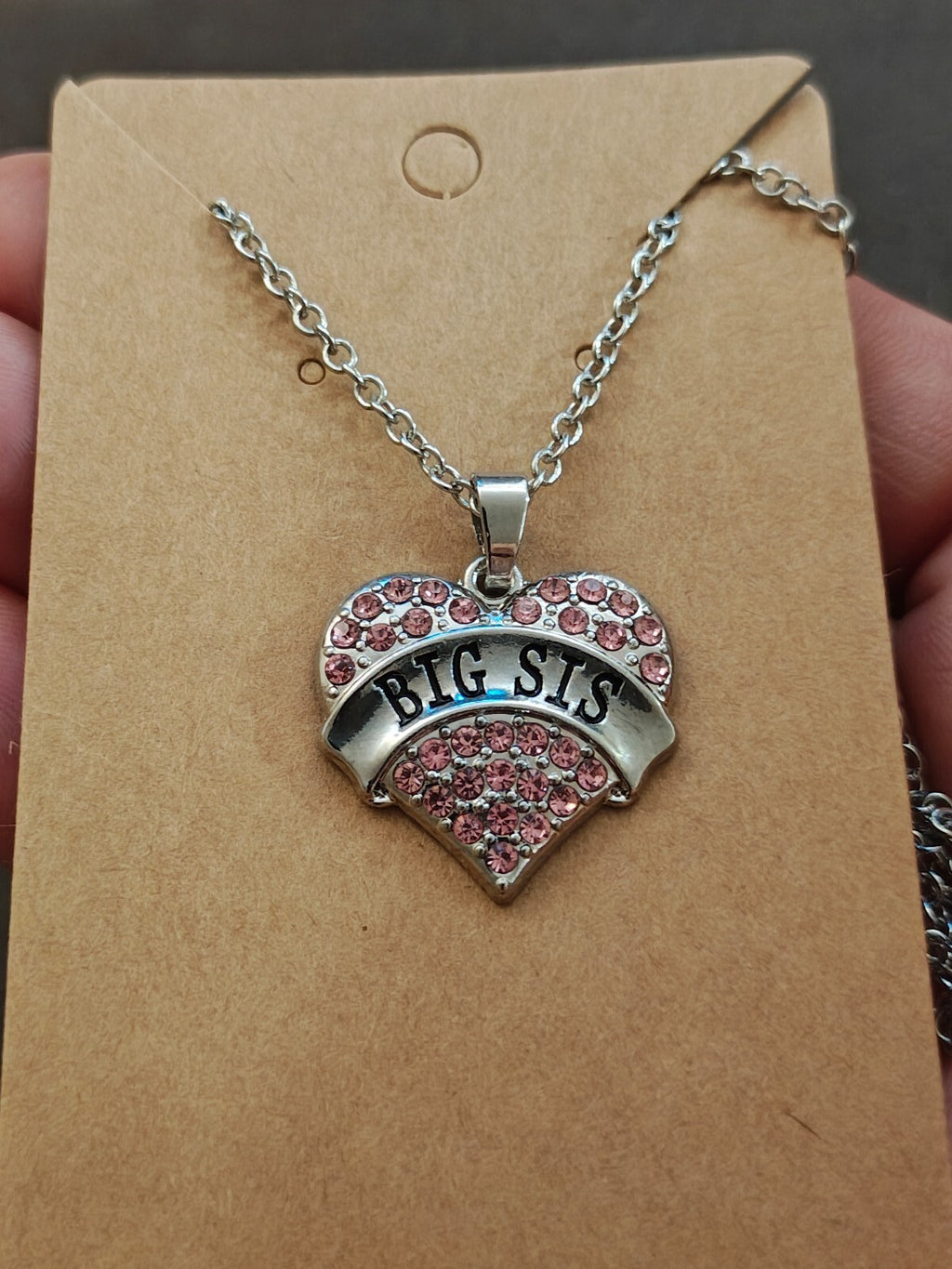 Silver Tone "Big Sis" Crystal Heart Pendant Necklace New On Card