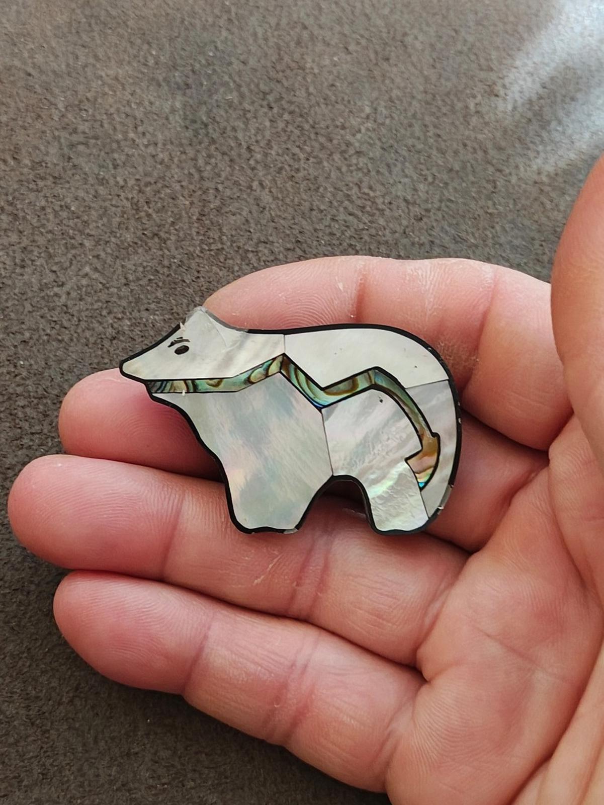 1990s Native American Zuni Style Mother of Pearl and Abalone Shell Bear Brooch