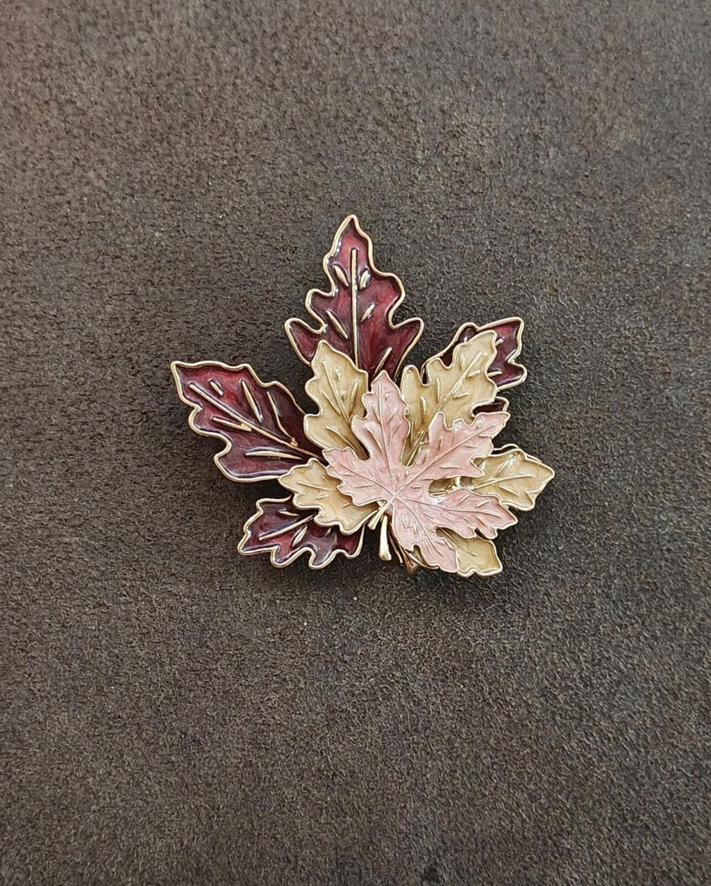 Tri Layered Gold Tone Multi Colored Handpainted Enamel Maple Leaf Brooch