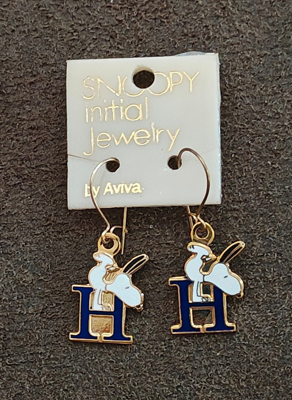 1970s Peanuts Snoopy Initial "H" Gold Tone Cloisonné Enamel Dangle Earrings New