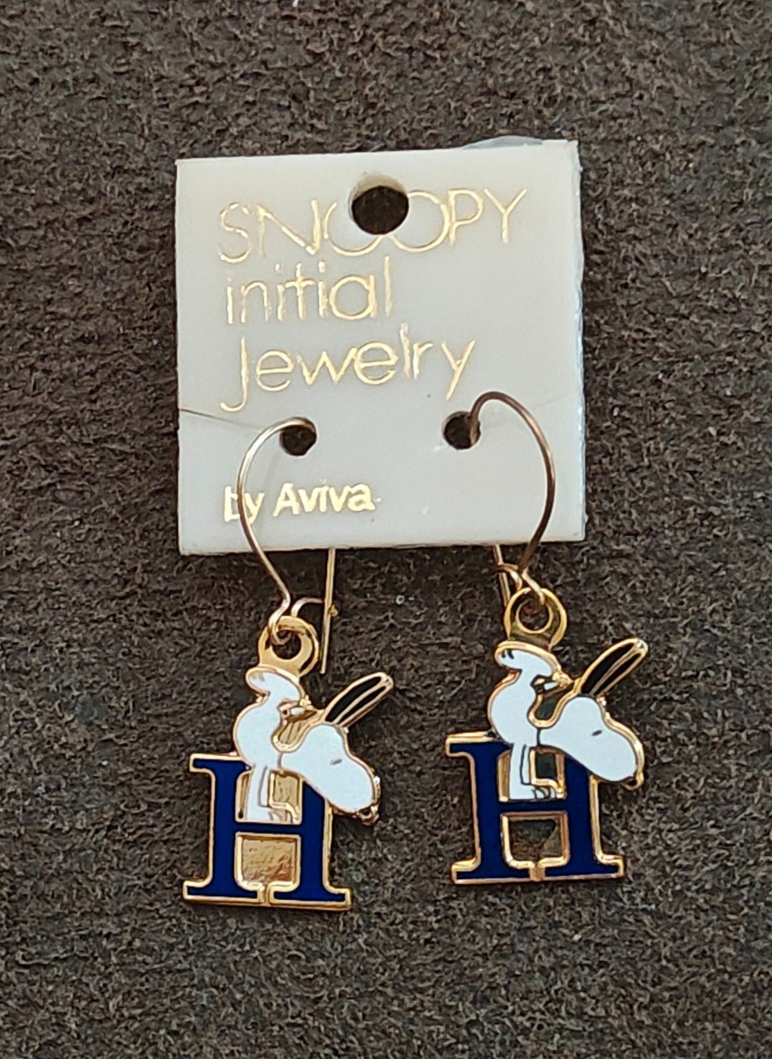 1970s Peanuts Snoopy Initial "H" Gold Tone Cloisonné Enamel Dangle Earrings New