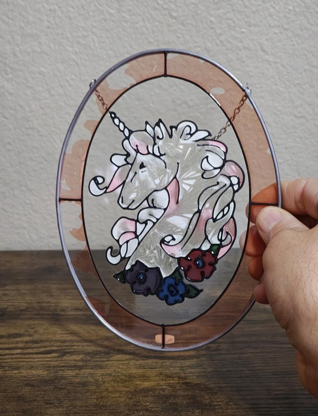 1987 Joan Baker Designs Stained Glass Unicorn Suncatcher