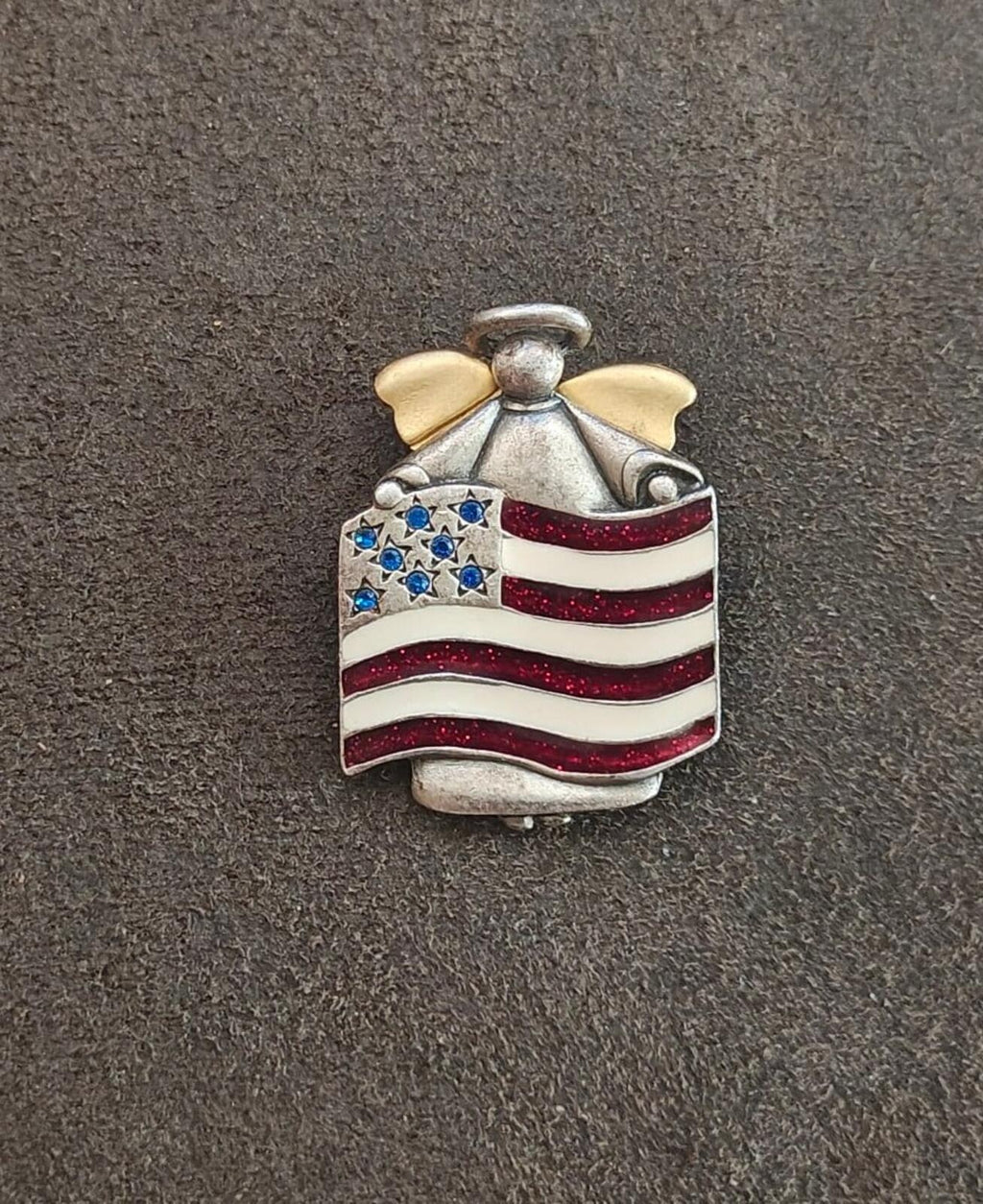 1980s Signed AJMC Fine Pewter Patriotic American Flag Angel Brooch