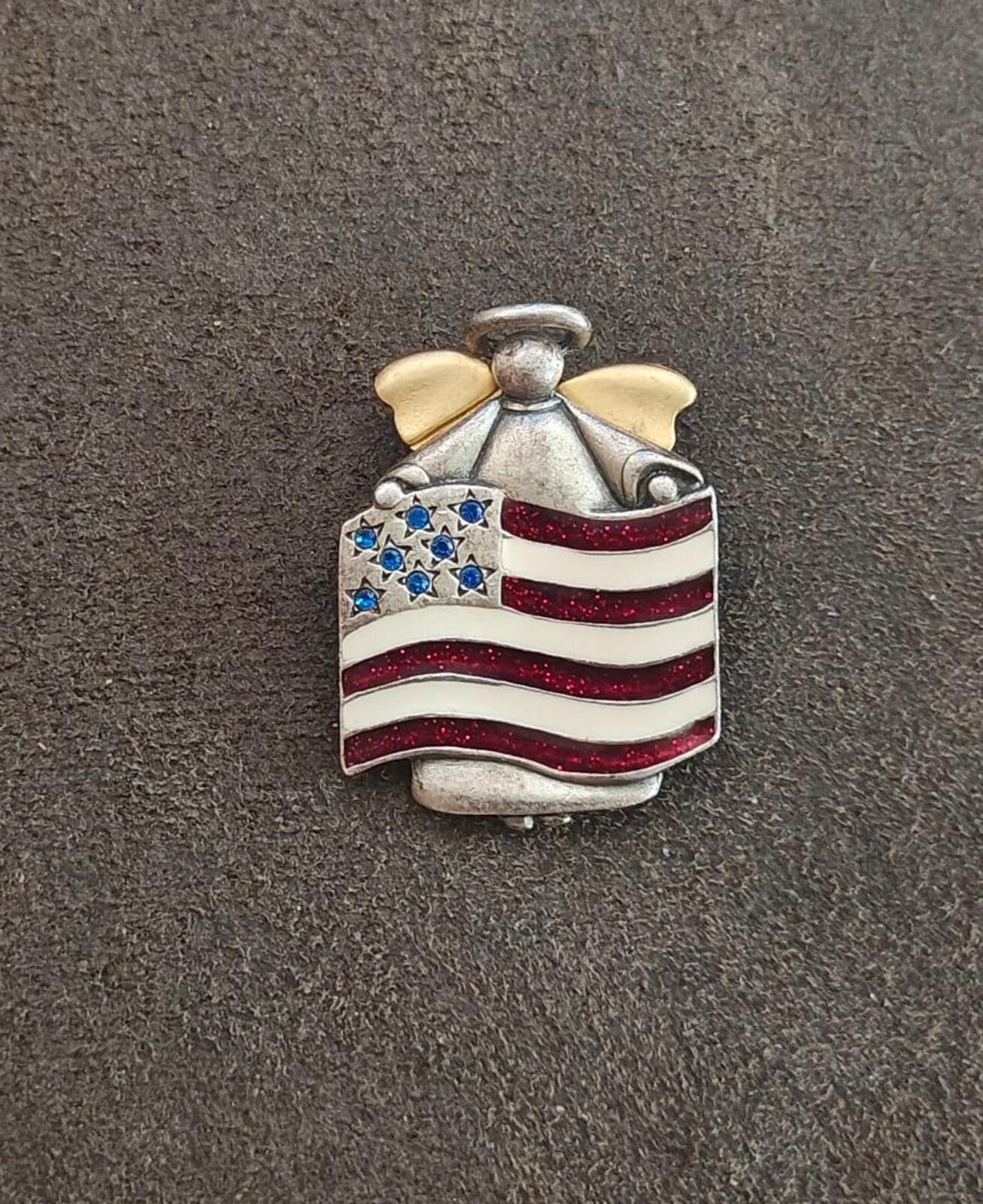 1980s Signed AJMC Fine Pewter Patriotic American Flag Angel Brooch