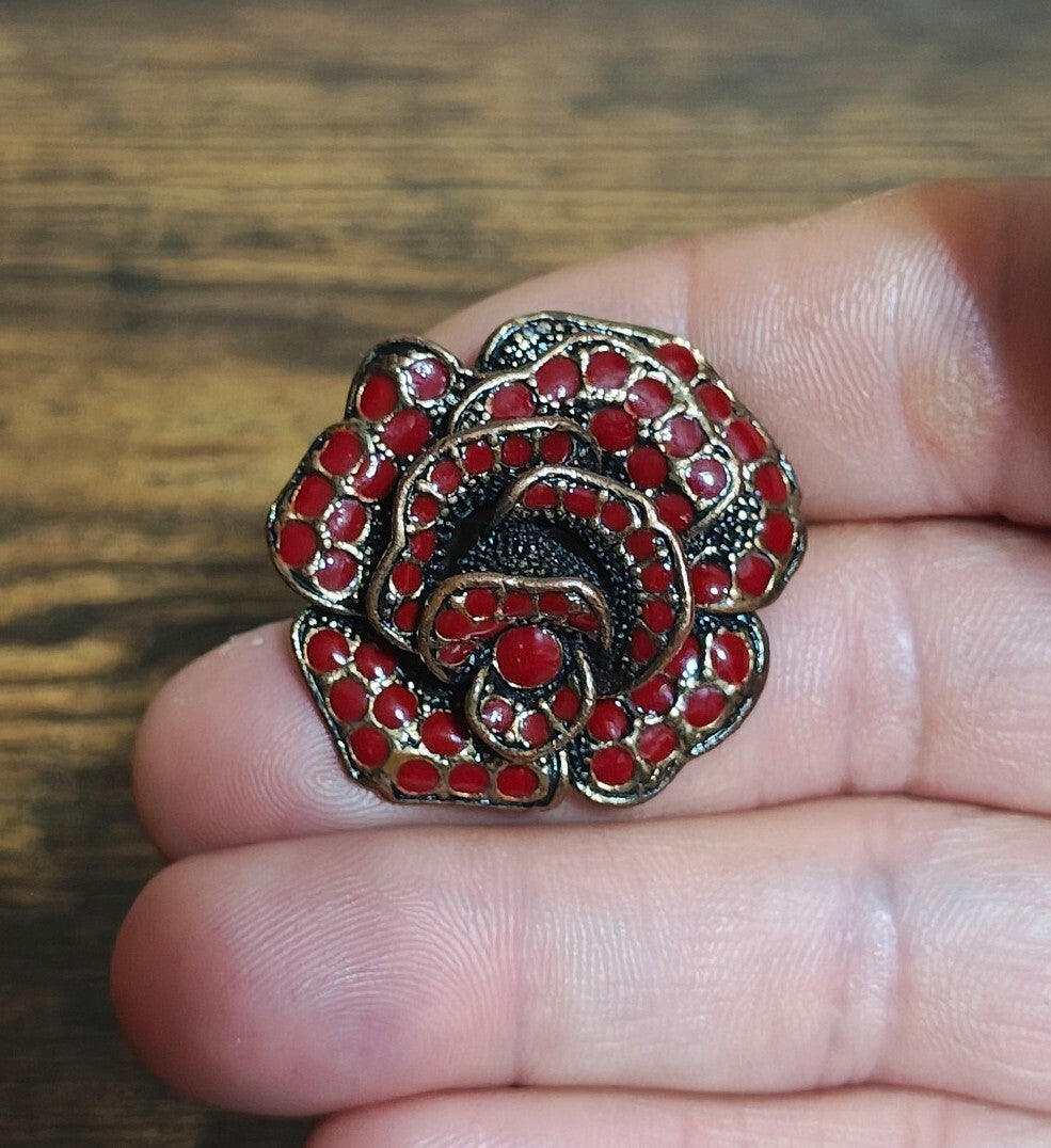 Three Dimensional Vintage Style Red Enamel Rose Statement Adjustable Ring.
