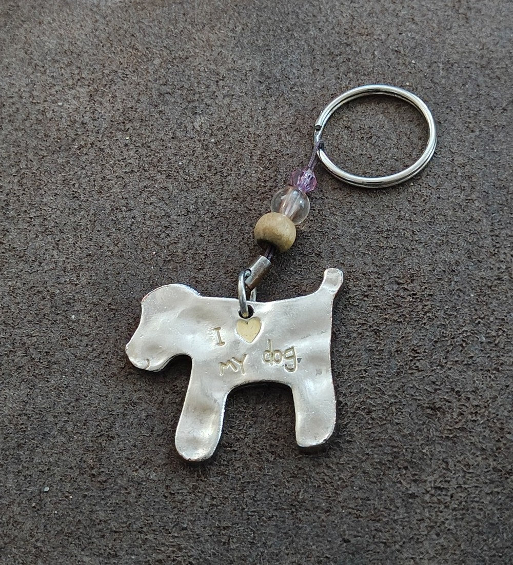 Silver Tone Handmade "I Love My Dog"  Dog Keychain With Bead Accents