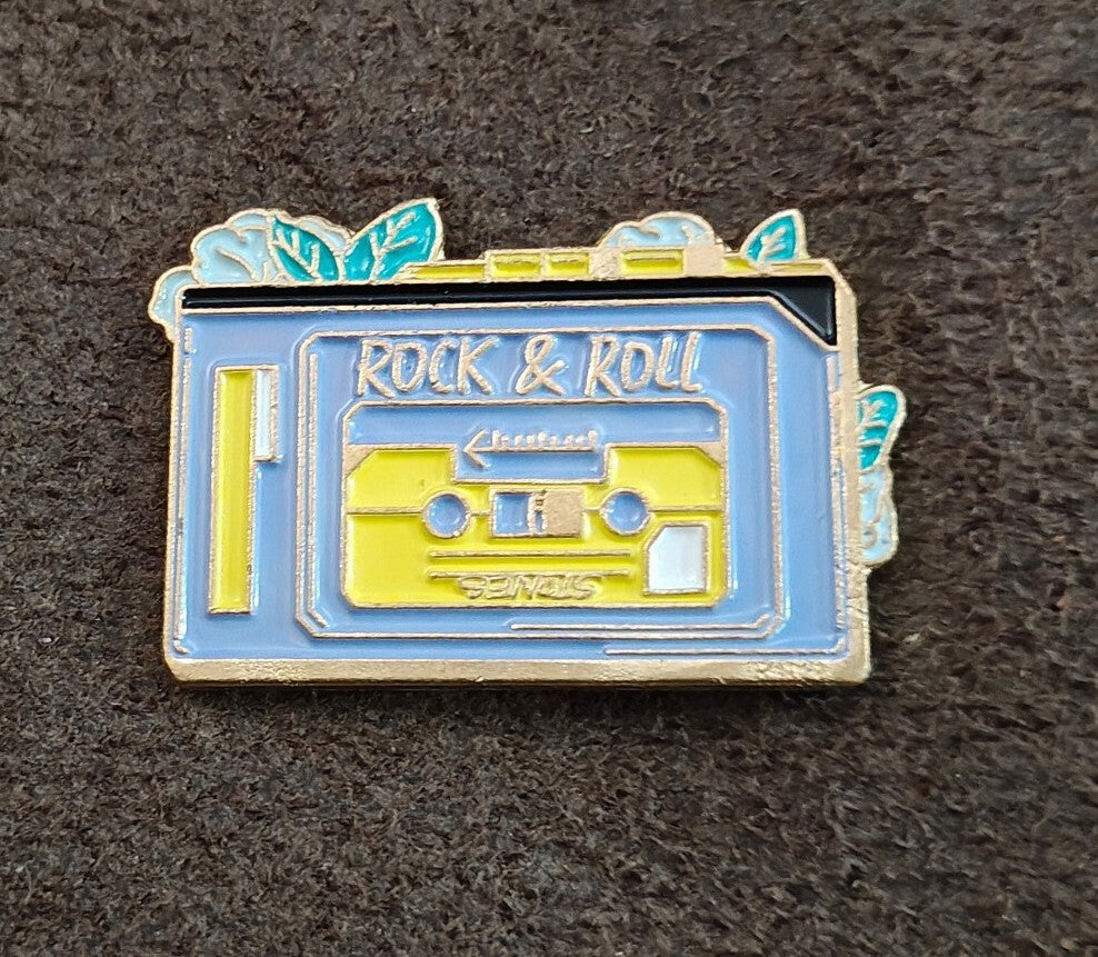Retro Rock & Roll" Cassette Tape Gold Tone Enamel Pin