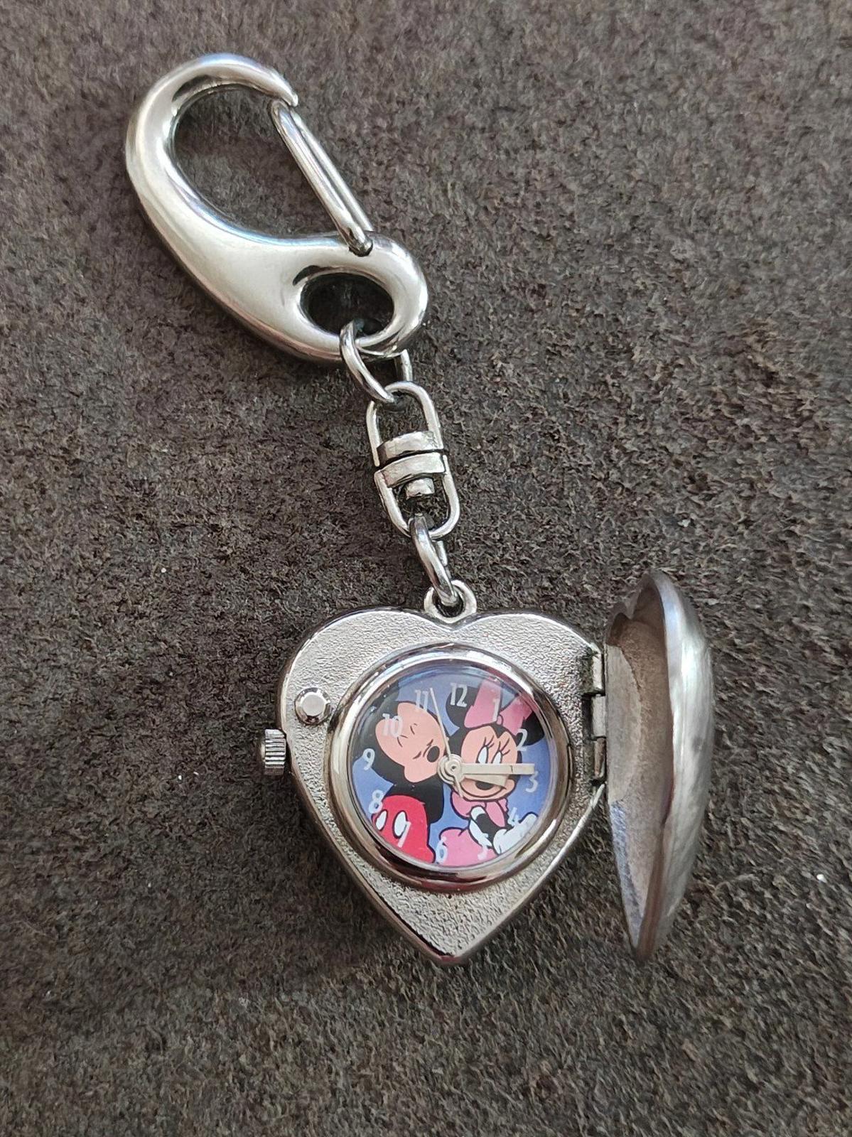 1990s Disney Minnie Mouse Silver Tone Heart Shaped Locket Watch Keychain