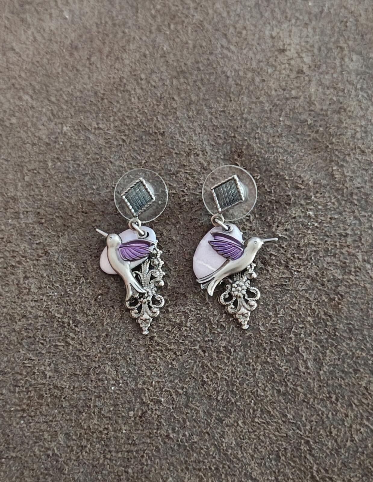 Silver Forest Silver Tone Hummingbird Purple Enamel Filigree Dangle Earrings