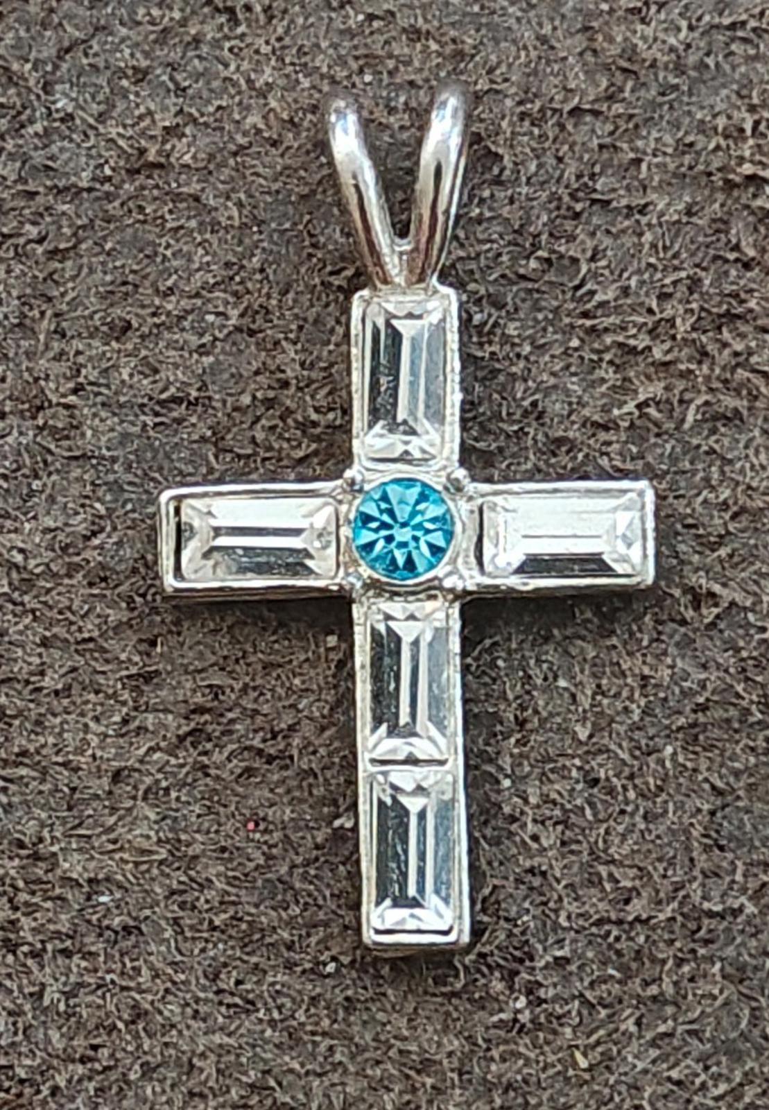 1990s Silver Tone With Clear and Blue Rhinestones Cross Pendant