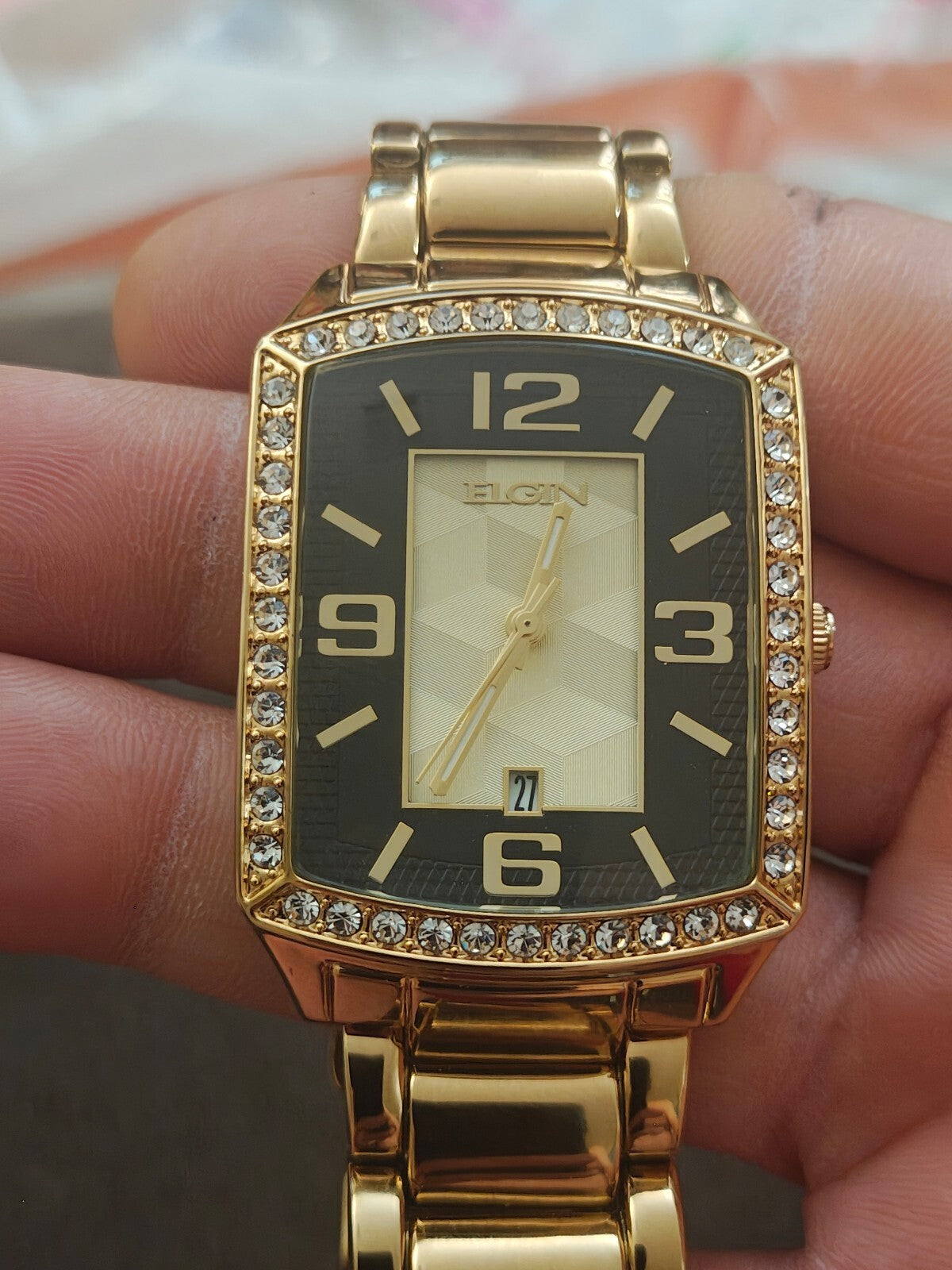 Elgin Men’s Gold-Tone Bracelet Watch with Crystal Bezel (Model FG160062)