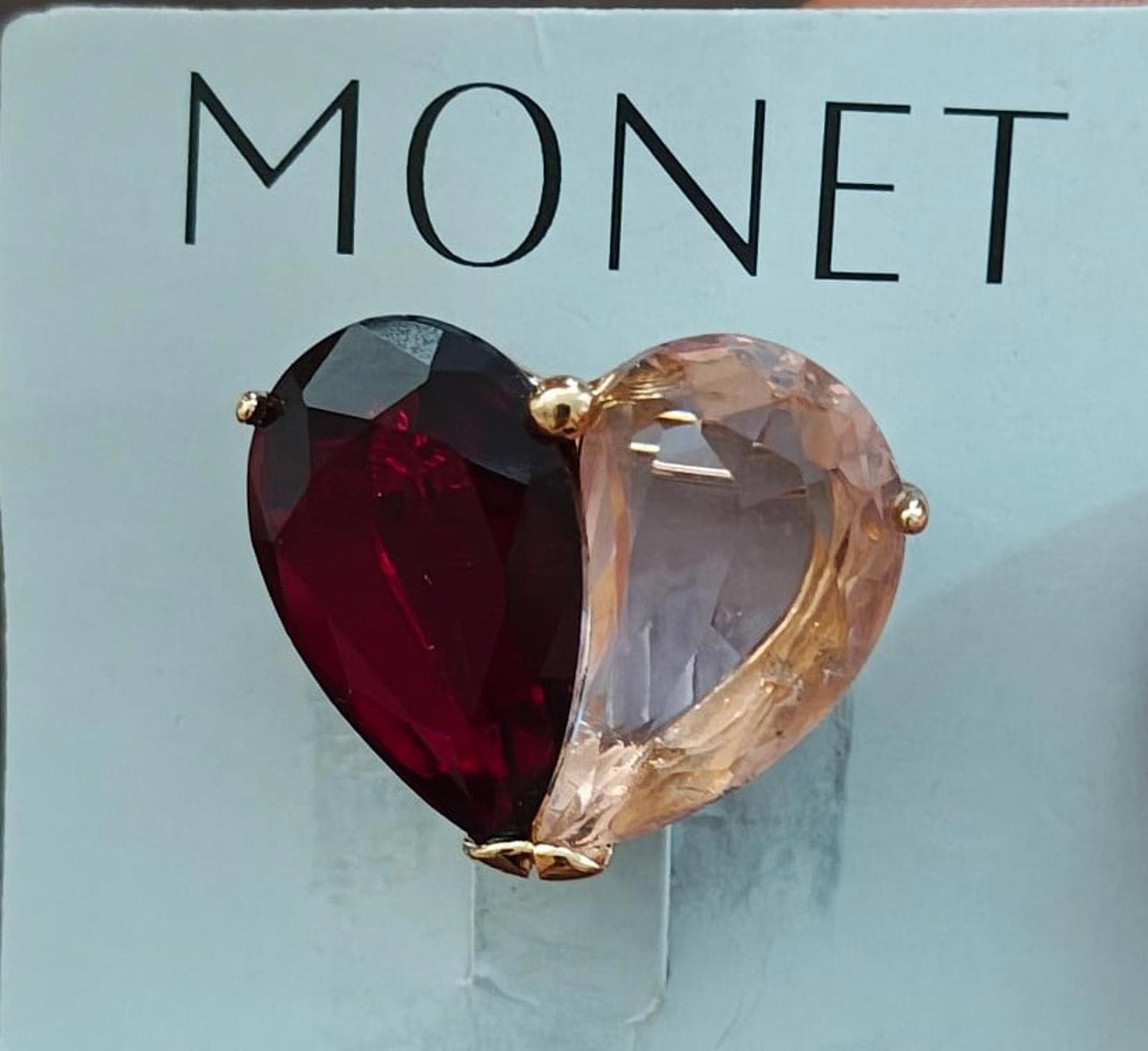 1980's Monet Diamond Cut Red & Pink Heart Shaped Stones Brooch Pin