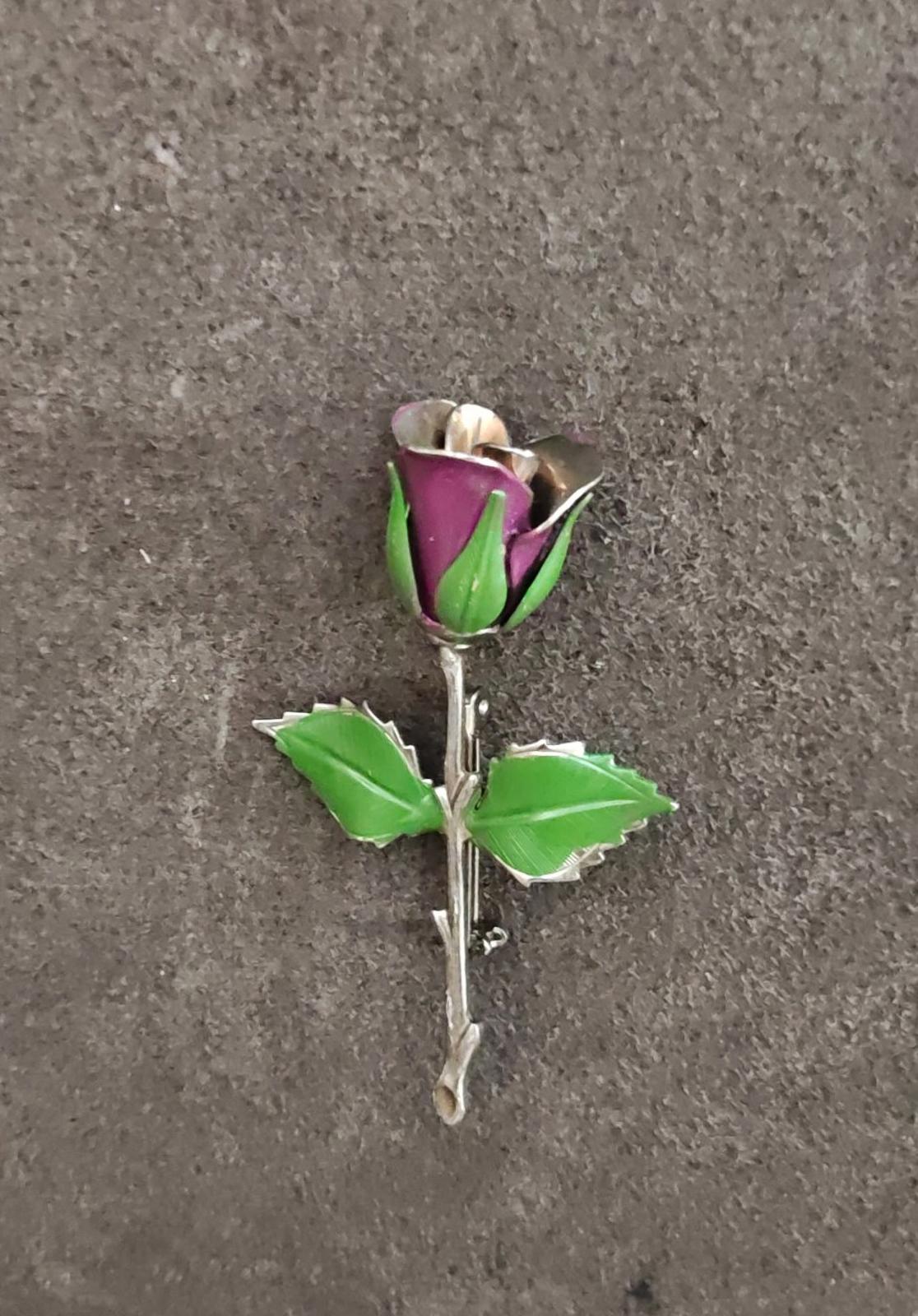 1970s Silver Tone Purple and Green Enamel Rose Brooch