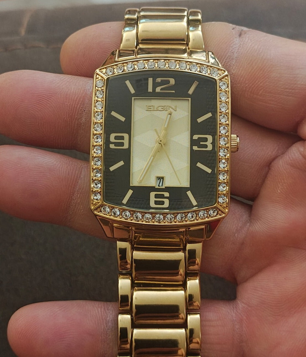Elgin Men’s Gold-Tone Bracelet Watch with Crystal Bezel (Model FG160062)