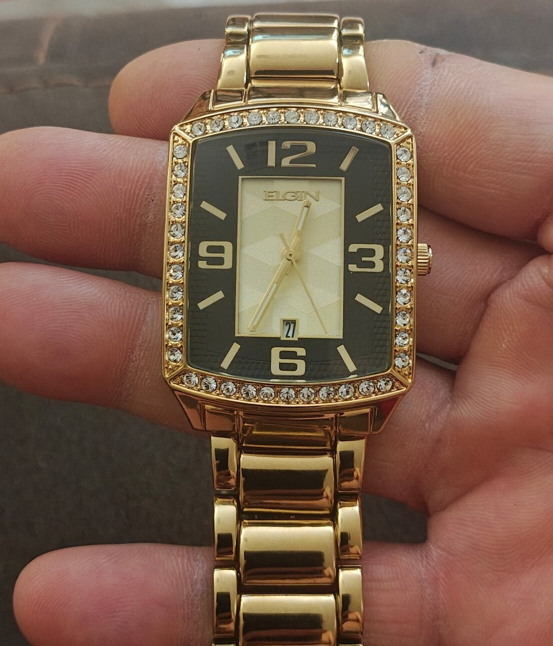 Elgin Men’s Gold-Tone Bracelet Watch with Crystal Bezel (Model FG160062)